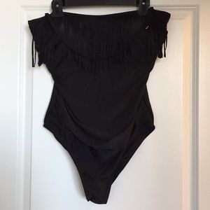 Black fringe bandeau one piece swimsuit Sz 16